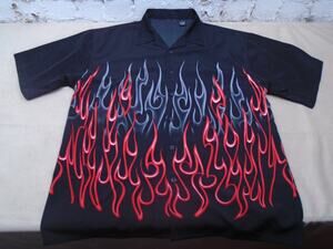 Vintage Authentic Shaolin Shirt Sz Large Red Biker AOP Button Up Flames Y2K